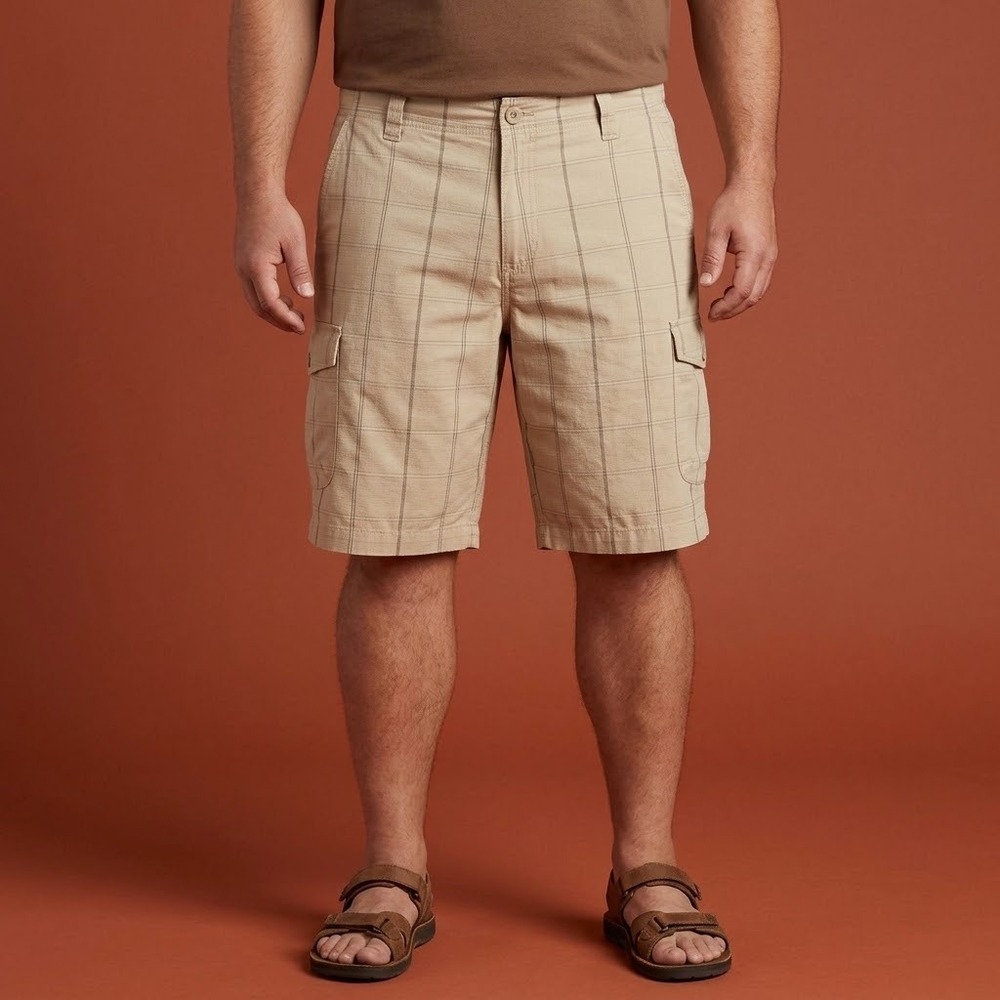 The North Face Plaid Cargo Shorts Mens 38 Beige Cotton Hiking Camping EUC